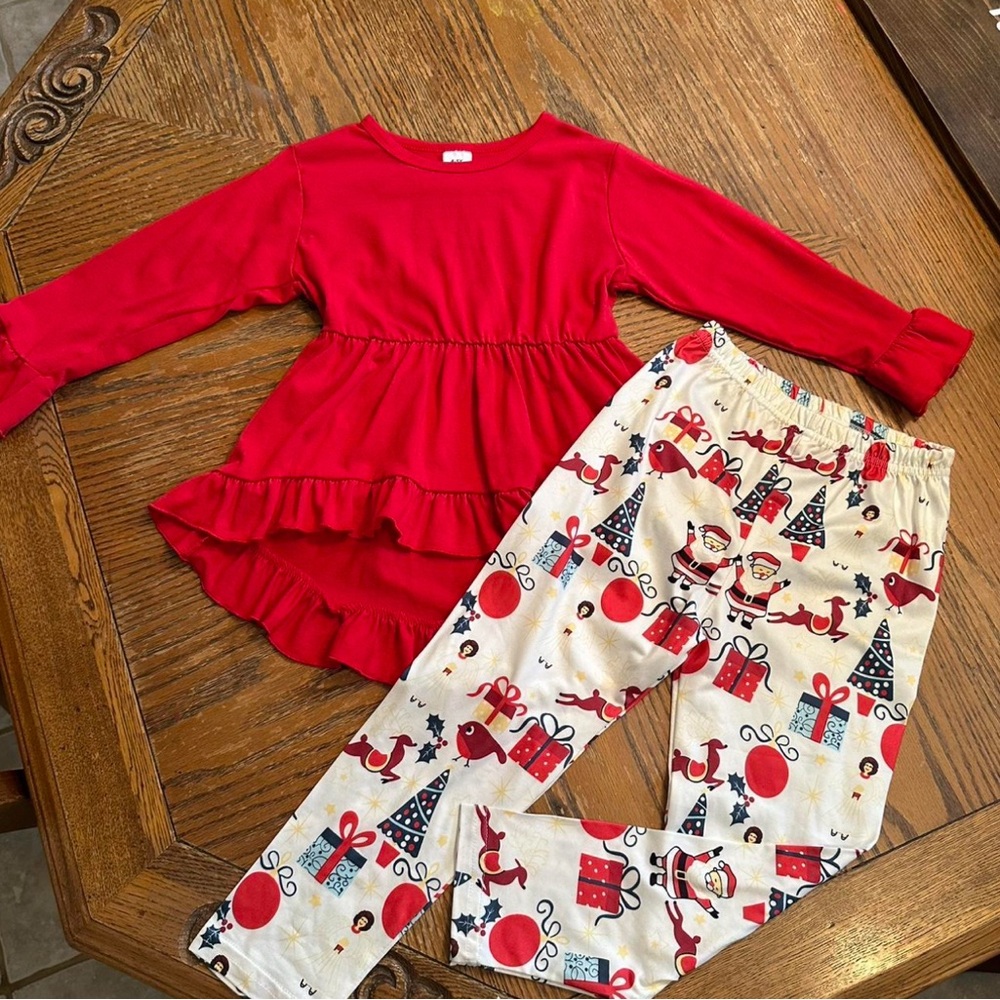 Red Ruffle Top and Festive Print Pants Set